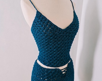 Crochet Festival Outfit | Handmade Crochet Two Piece Set | Lace Up Top & Mini Skirt | Size XS Teal Shimmer Festival Outfit Ready to Ship