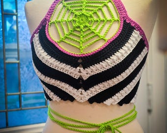 Crochet Spider Web Halter Top | Made to Order | Beetlejuice Inspired Festival Top | Black Light Reactive Rave Wear