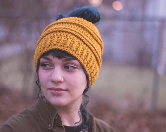 Messy Bun Hat | Bun Beanie | Ponytail Hat | Crochet Winter Hat | Women's Bun Skullcap | Hat With Ponytail Holder | Gift for Her Under 20