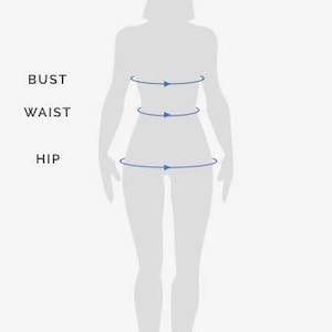 May include: Diagram showing how to measure bust, waist, and hip measurements on a person.