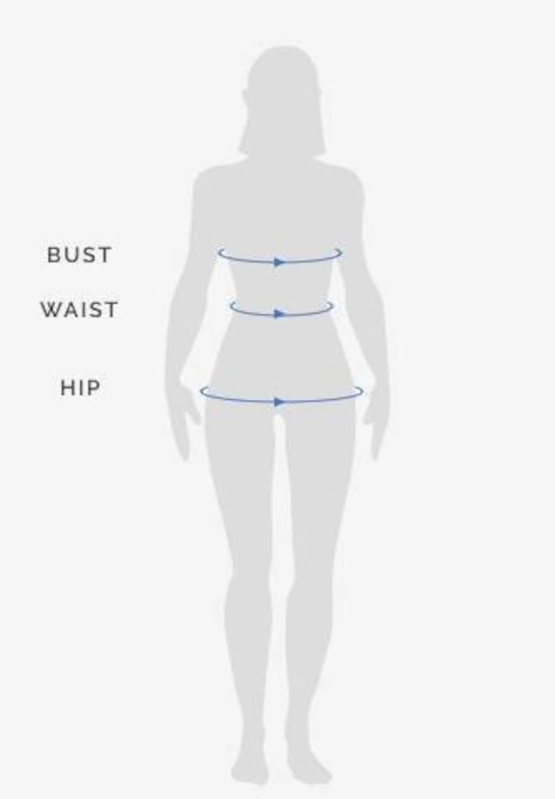 May include: Diagram showing how to measure bust, waist, and hip measurements on a person.