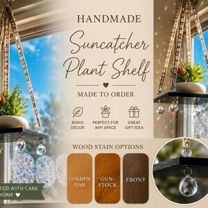May include: Handmade suncatcher plant shelf with a small plant in a white pot. The shelf is black and hangs from a chain with crystal accents. The image includes text: "Handmade Suncatcher Plant Shelf Made to Order".