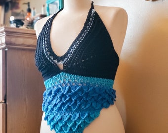 Size Medium Khaleesi Top in Black and Sparkly Blue | Sexy Crochet Top | Halter Top | Women's Festival Top | Summer Bralette Corset with Back