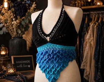 Crochet Halter Top | Black & Sparkly Blue, Festival Bralette (M)
