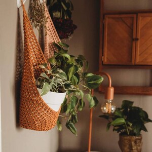 May include: A woven, rust-colored plant holder with a white pot holding a green plant. The holder is suspended from a white hook on a neutral wall. Other hanging plants and a copper lamp are also visible.