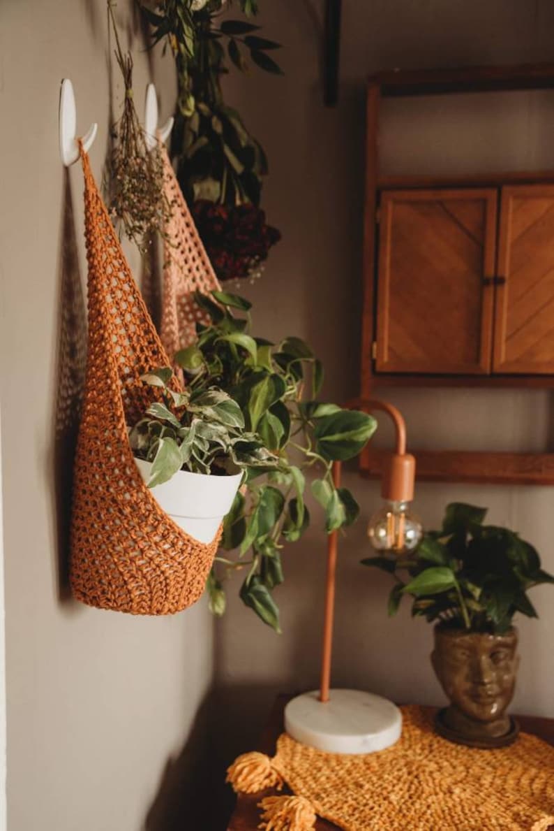 May include: A woven, rust-colored plant holder with a white pot holding a green plant. The holder is suspended from a white hook on a neutral wall. Other hanging plants and a copper lamp are also visible.