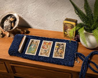 Indigo Blue Color Velvet Tarot Wrap | Oracle Mat | Tarot Spread Velvet Roll up Mat | Ready to Ship Tarot Oracle Deck Wrap with Pocket