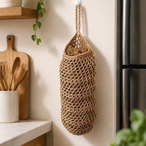 Handmade Crochet Grocery Bag Holder | Plastic Bag Dispenser | Farmhouse Kitchen Storage | Hanging Mesh Bag Organizer | Reusable Bag Holder image 1