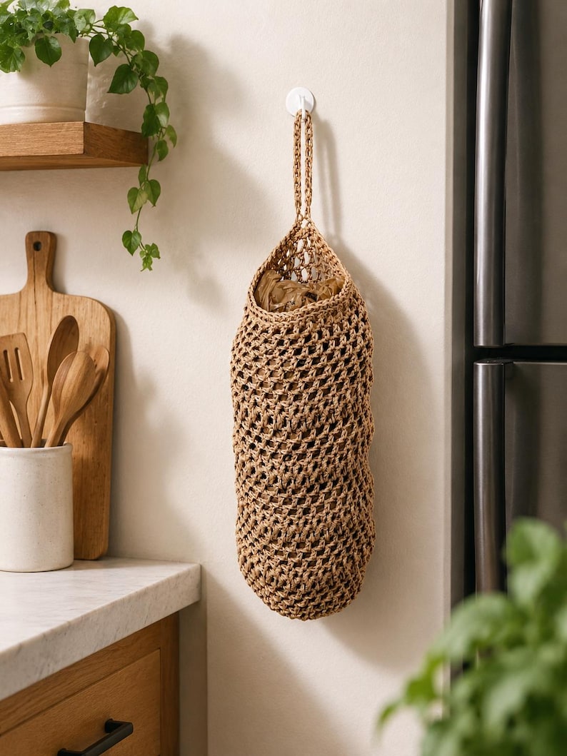 Handmade Crochet Grocery Bag Holder | Plastic Bag Dispenser | Farmhouse Kitchen Storage | Hanging Mesh Bag Organizer | Reusable Bag Holder image 1