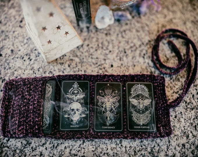 Featured listing image: Tarot Wrap | Oracle Mat | Tarot Spread Velvet Roll up Mat | Made to Order Tarot Oracle Deck Wrap with Pocket