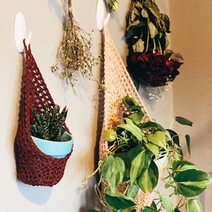 May include: Two handmade crochet plant hangers in shades of burgundy and peach, each holding a potted plant. The burgundy hanger contains a succulent in a blue pot, while the peach one displays a trailing green plant. Dried flowers hang nearby.