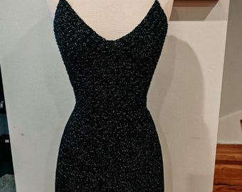Sparkle Crochet Black Mini Dress | Size XS Fringe Dress | Lace up Corset Back Dress for Her