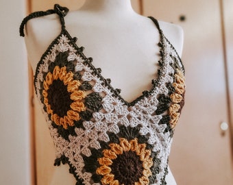 Size XS Sunflower Festival Top | Earth Tones Flower Top | Boho Crochet Crop Top | Ready to Ship