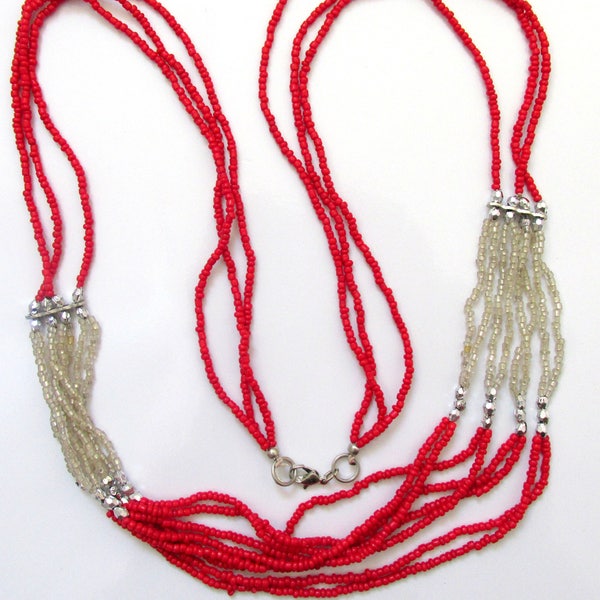 Multi strand red African tribal ethnic seed bead crystal multi strand traditional necklace -