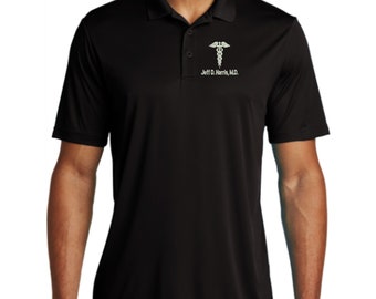 Personalized Doctor M.D. Golf Polo Shirt - Embroidered.  Doctor Moisture Wicking Golf Polo Shirt. Physician Polo. Doctor Gift. MD 3A. ST550