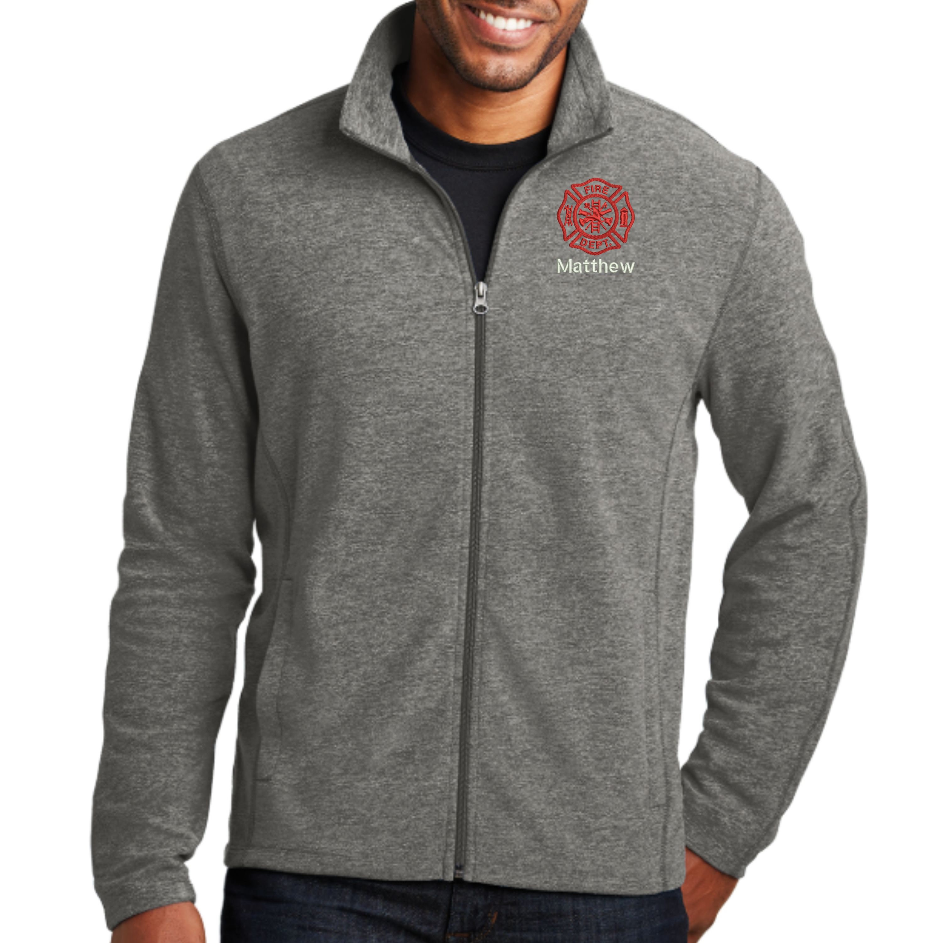 Personalized Firefighter Full Zip Jacket with Pockets - Embroidered. Custom Firefighter Mens Microfleece Jacket. Maltese Cross Jacket. F235