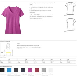 May include: A heathered raspberry pink V-neck t-shirt with short sleeves. The image includes technical specifications, a size chart with chest measurements in inches, care instructions, and a color palette showing black, blue, charcoal, navy, and white.