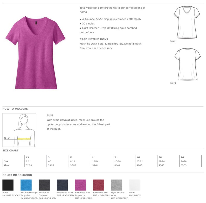 May include: A heathered raspberry pink V-neck t-shirt with short sleeves. The image includes technical specifications, a size chart with chest measurements in inches, care instructions, and a color palette showing black, blue, charcoal, navy, and white.