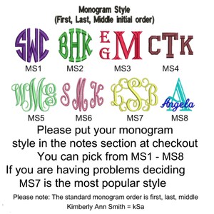 May include: A chart displaying eight monogram styles labeled MS1 through MS8, featuring various embroidered font designs in purple, green, red, brown, pink, and yellow. Text includes instructions for selecting styles and the standard monogram order.