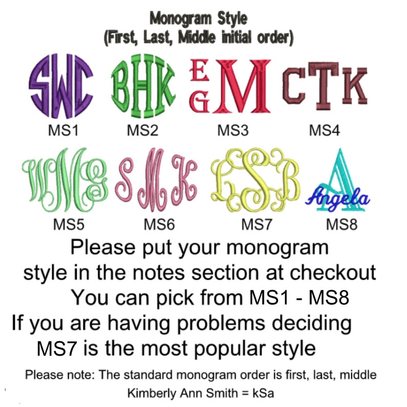 May include: A chart displaying eight monogram styles labeled MS1 through MS8, featuring various embroidered font designs in purple, green, red, brown, pink, and yellow. Text includes instructions for selecting styles and the standard monogram order.