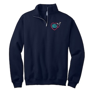 May include: A navy blue quarter-zip sweatshirt featuring an embroidered design on the left chest. The design consists of a red heart outline, a light blue brain illustration inside the heart, and a stethoscope wrapped around the heart shape.