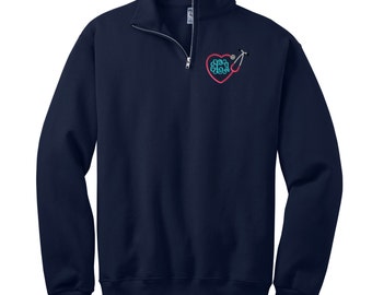 Personalized RN Nurse Quarter Zip Pullover Sweatshirt - Embroidered.  RN Nurse Heart Stethoscope Monogrammed Quarter Zip Pullover. 995MR