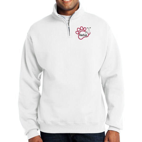 Personalized Vet Tech Quarter Zip Pullover Sweatshirt - Embroidered. Veterinarian Vet Tech Paw Stethoscope Quarter Zip Sweatshirt. 995MR