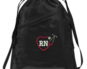 Nurse RN Drawstring Bag Backpack - Embroidered.  RN Nurse Heart Stethoscope Drawstring Bag. Rn Nurse Graduation Gift Bag Backpack. BG616