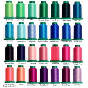 May include: A collection of twenty-eight spools of embroidery thread arranged in four rows. Each spool features a distinct color, including shades of green, blue, pink, and purple, with the corresponding color name printed below each item.