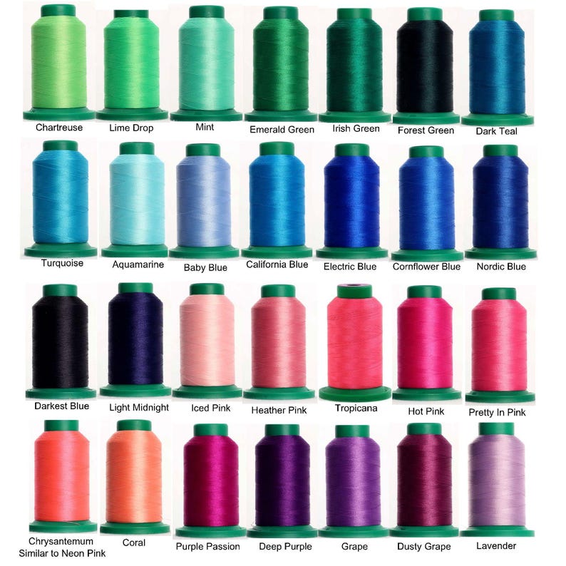 May include: A collection of twenty-eight spools of embroidery thread arranged in four rows. Each spool features a distinct color, including shades of green, blue, pink, and purple, with the corresponding color name printed below each item.