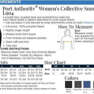 May include: A black fleece jacket with a molded center front zipper, reverse-coil zippered pockets, open cuffs, and a tulip hem. The image includes a spec sheet with product measurements, a size chart, care instructions, and a diagram for measuring.