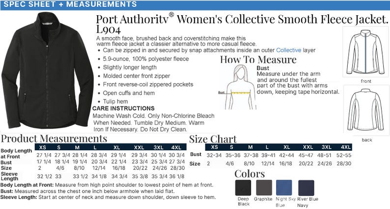 May include: A black fleece jacket with a molded center front zipper, reverse-coil zippered pockets, open cuffs, and a tulip hem. The image includes a spec sheet with product measurements, a size chart, care instructions, and a diagram for measuring.