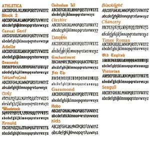 May include: A comprehensive typography chart displaying twenty distinct black font styles, each featuring the full uppercase and lowercase alphabet. The list includes names such as Athletica, Block 2, Casual Serif, Adelle, Anaconda, TektonProCond, Curly, Woodstock, Arnold, Cheltenham Tall, Cheshire, Dauphin, Enchantment, Felt Tip, Garamond, Hobo, Kids, Blacklight, Chancery, Times Roman, Old English, Victorian, and Seagull.