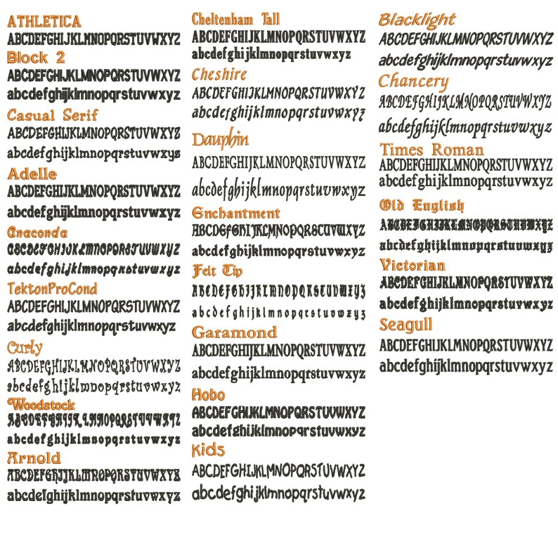 May include: A comprehensive typography chart displaying twenty distinct black font styles, each featuring the full uppercase and lowercase alphabet. The list includes names such as Athletica, Block 2, Casual Serif, Adelle, Anaconda, TektonProCond, Curly, Woodstock, Arnold, Cheltenham Tall, Cheshire, Dauphin, Enchantment, Felt Tip, Garamond, Hobo, Kids, Blacklight, Chancery, Times Roman, Old English, Victorian, and Seagull.