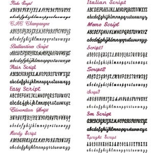 May include: A collection of sixteen distinct black font styles displayed in rows, each featuring uppercase and lowercase alphabets. The list includes Poetic Script, CAC Champangne, Ballantines Script, Hair Script, Easy Script, Edwardian Script, Handy Script, Italian Script, Memo Script, Script1, Script2, Script3, Sm Script, and Upright Script.