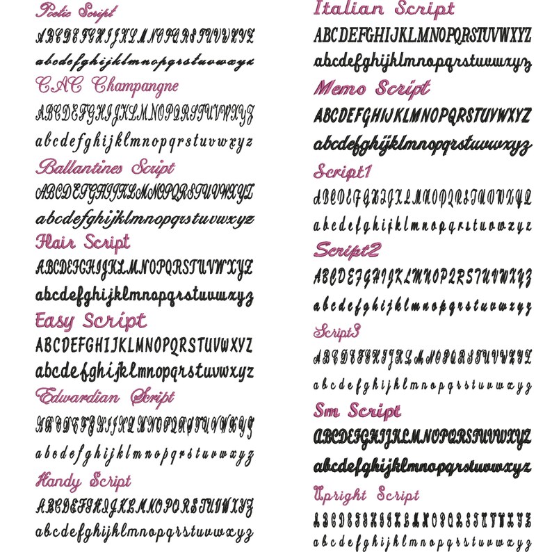 May include: A collection of sixteen distinct black font styles displayed in rows, each featuring uppercase and lowercase alphabets. The list includes Poetic Script, CAC Champangne, Ballantines Script, Hair Script, Easy Script, Edwardian Script, Handy Script, Italian Script, Memo Script, Script1, Script2, Script3, Sm Script, and Upright Script.