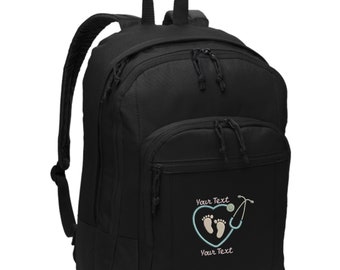 Personalized Nicu Nurse Backpack - Embroidered.  Custom Nicu Nurse Baby Feet Heart Stethoscope Backpack. Maternity Nurse Backpack. BG204