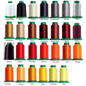 May include: A collection of twenty-seven cylindrical spools of embroidery thread arranged in four rows. Each spool features a green base and top cap, displaying a wide spectrum of colors including white, black, gray, brown, red, orange, and yellow.
