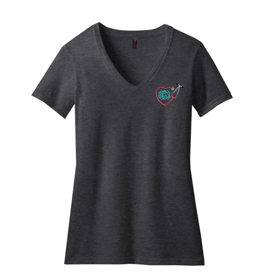 Monogrammed RN Nurse V-Neck T-Shirt - Embroidered.  Custom RN Nurse Monogram Heart Stethoscope Vneck Shirt.  Personalized Nurse Tee. DM1190L