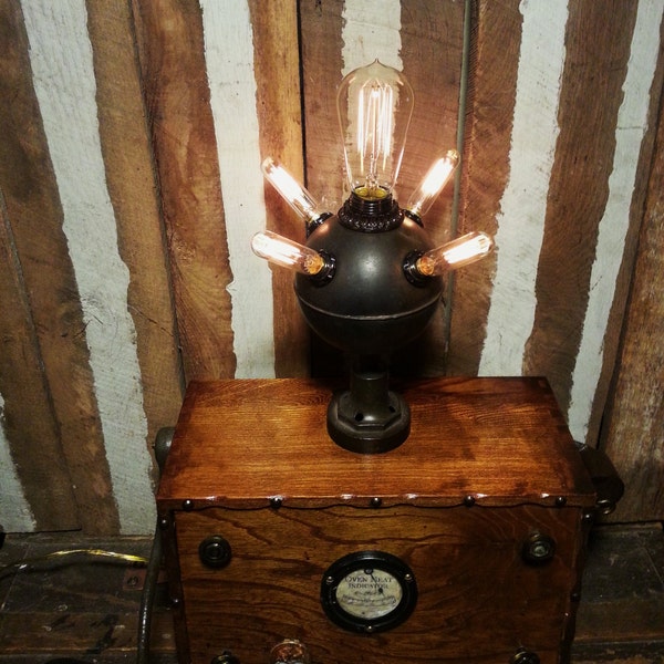 One-of-a-Kind Repurposed Steampunk Mad Scientist Diabolical Photon Convector Stash Box Lamp w/5 Edison Style Filament Light Bulbs & Remote