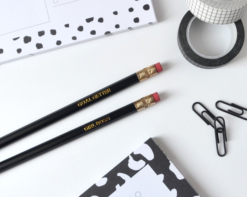 Personalised Pencil Girl Boss Pencil Goal Getter Pencil Black Pencil with embossed Gold Foil image 3