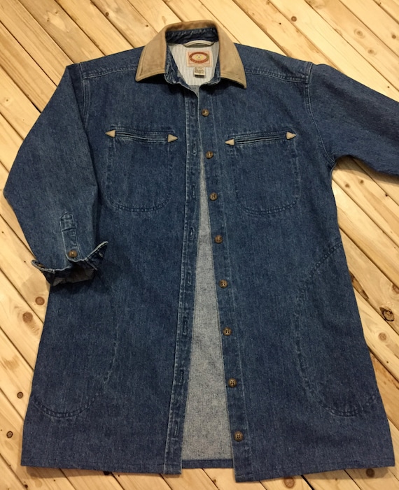 1990s Denim Duster Jacket with Leather Collar