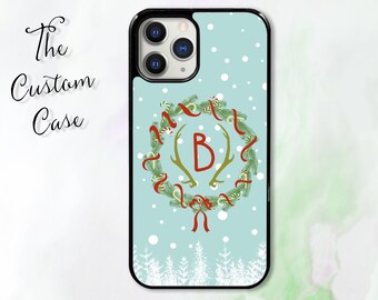 Monogrammed Christmas Wreath Phone Case, Cute Personalized Christmas Phone Case, Winter Case, Iphone Case, Samsung Case