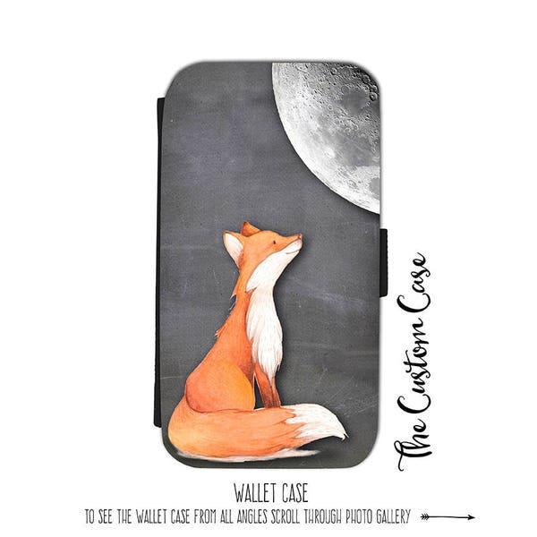 Fox and Moon Wallet Case, Cute Fox on Chalkboard Faux Leather Flip Case, Moon,Iphone Wallet Case, Samsung Wallet Case, iphone 14 wallet case