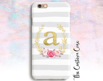 Gold Leaf Monogrammed Wreath on Stripes Phone Case, Gold Glitter Phone Case, Boho Chic Case, Iphone X Case, Samsung Galaxy Case, Wallet Case