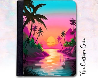 Pink Sunset Ipad Case, Beach Vegan Leather Ipad Case, Tropical Beach Sunset Ipad Case, Folio Style Case