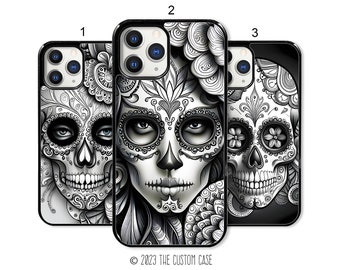 Black and White Sugar Skull Phone Cases for iPhone 14 Pro Max, iPhone 11 12 13 Pro Max case iPhone XR, XS Max 7 8 Plus, Samsung S21, S22