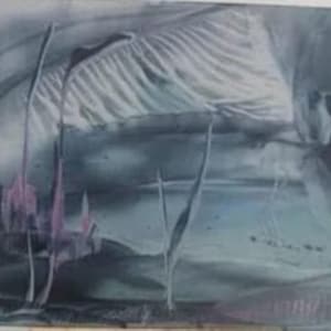 Encaustic Fantasy Painting | Pink Flamingo Foliage | Blue Pool Artwork