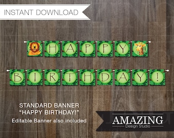 Jungle Birthday Banner: Happy Birthday & DIY Editable Printable Instant Download. Childrens Zoo Birthday Party Decorations, Monkey, Elephant