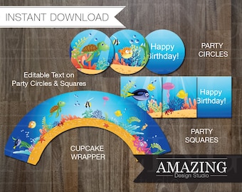 Under The Sea Cupcake Wrappers, Toppers & Party Circles: DIY Editable Printable Instant Download. Ocean Fish Birthday Party Decorations